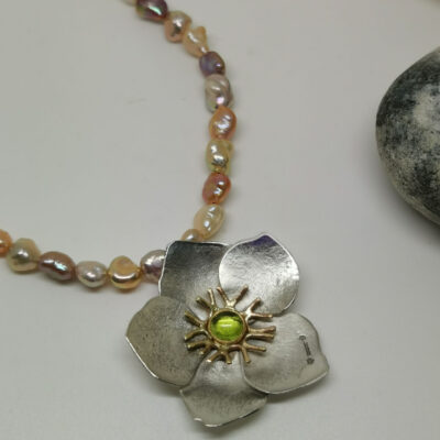 Hellebore pendant - Silver, Gold, peridot and pearls - 30mm x 30mm - by Katherine Lawrie