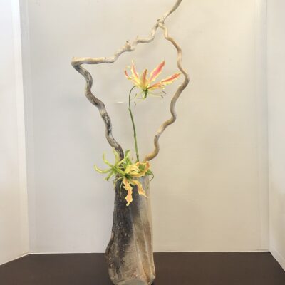 Free expression - Tall pot with bleached wood and Gloriosa Lily - 750 z 250 mm - by Diane Norman