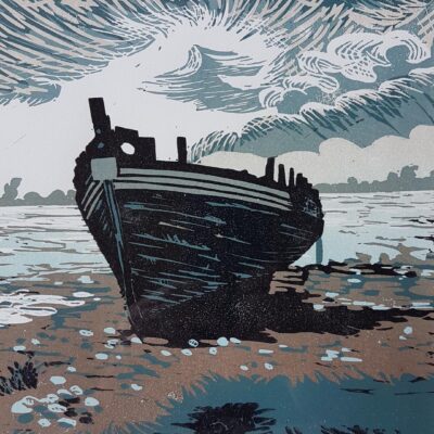 Old Dell Quay Boat - linocut - A4 - by Jeremy Williams