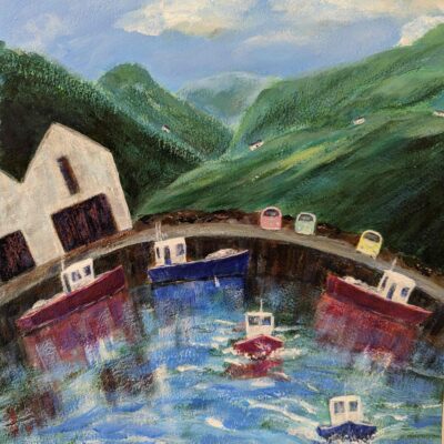 Fishing boats and campervans - acrylic - 14x11 in - by Elizabeth Gordon