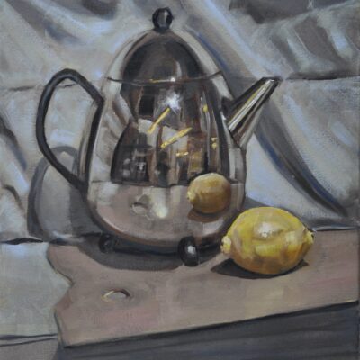 Coffee Pot and Lemon - Oil on Canvas - 50 by 60 cm - by Rob Corfield