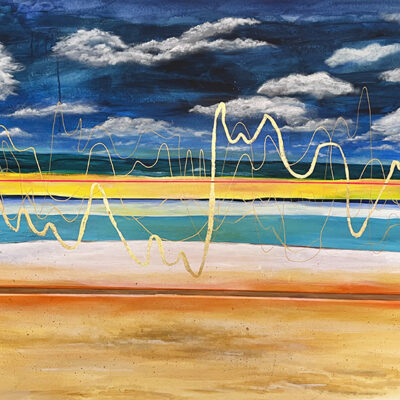 Sunlight on the shore - Mixed Media on canvas. Acrylic paint and gold leaf - 150cm W x 120cm Ht, 2.5cm deep - by Louise Duggan