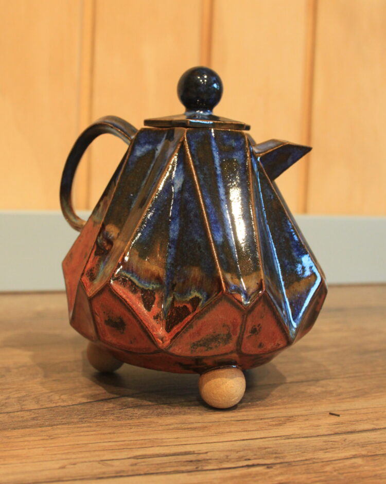 facetted jug in blue and copper - slip cast stoneware
