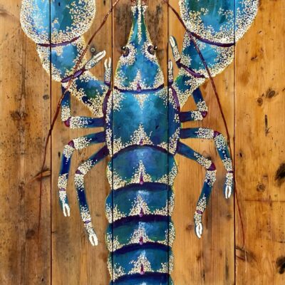 Large Blue Lobster - Acrylic on reclaimed old wooden floorboards - H 158.5 x W 79.5 x D 3.5 cm - by Andy Lean