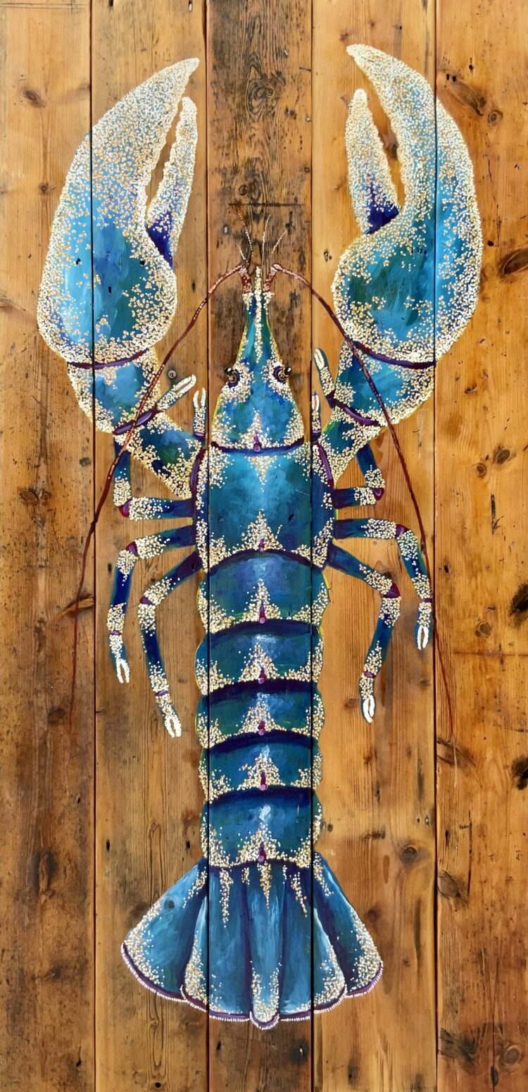 Large Blue Lobster - Acrylic on reclaimed old wooden floorboards