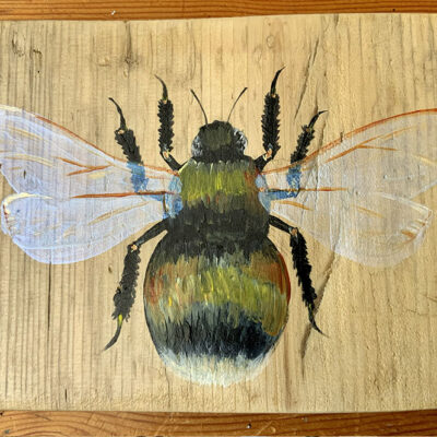 Bumblebee - Acrylic on reclaimed scaffolding boards - H 15.5 x W 21.5 x D 3.5 cm - by Andy Lean