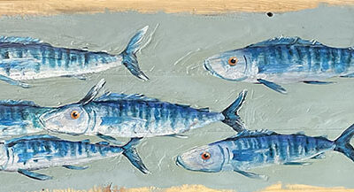 Shoal of Mackerel - Acrylic on reclaimed wood pallet boards - W100 x H 17 x D3.5cms - by Andy Lean