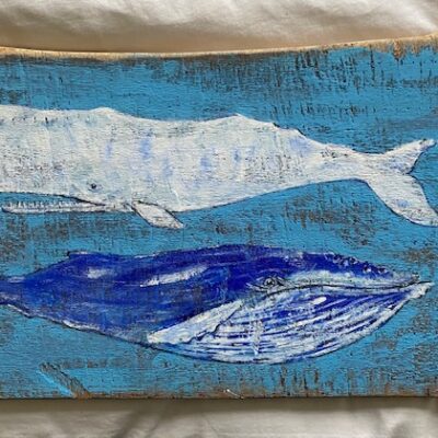 MichaelCowley1_whales - Acrylic on driftwood - 29cmx50cm - by Michael Cowley