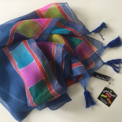 Painted silk scarf on chiffon with tassels - Painted dye on silk chiffon - 112cm2 x112 - by Elizabeth Ashurst