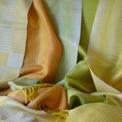 Five silk scarves, yellows. - Handwoven silk. - 30cms x 180cms - by Geraldine St. Aubyn Hubbard