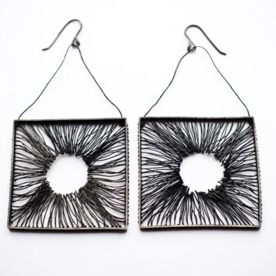 Inner Space, Earrings - oxidised silver, cotton thread - 4 x 6 cms - by Alison Baxter