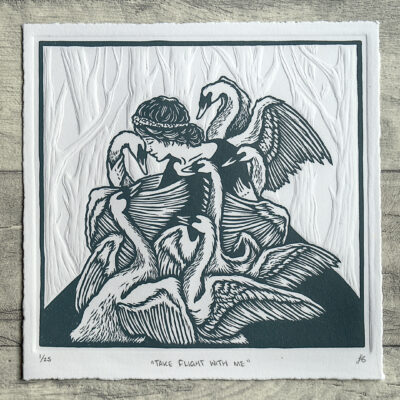 Take Flight With Me - Linocut with Embossing - 20cm wide x 20cm high - by Frankie Brown
