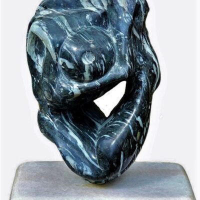Embrace - Gneiss stone rotating on marble base - 20wide x 13deep x 27high cms - by Terry Merritt