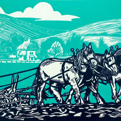 Working Horses - woodcut print