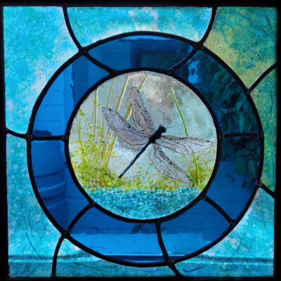 Dragonfly - Fused, Leaded and Handpainted Glass - 35 x 35 cm - by Jan Simpson