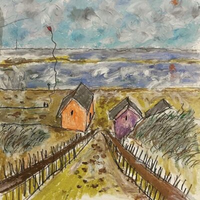 Flying a Kite with Penny - Oil pastel on paper - 22cm x 22cm - by Laurie Avadis