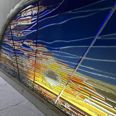 Sundown - Fused glass panel in vintage window - 180cm x 49cm - by Nancy Goodens
