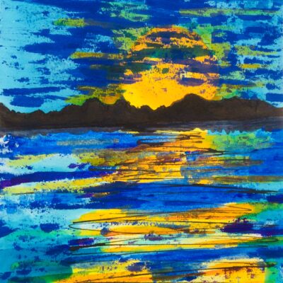 Setting sun over Chichester Harbour - Inks on paper - 53cm X 43cm - by Joan Burnett