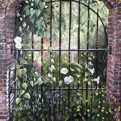 Mysterious gate in Whyke Lane alley. - acrylic and oil on canvas - 42cm x30cm - by Rosemary Pocock