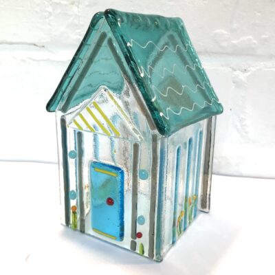 Blue House - Fused glass, powdered with inclusions - 14cm x 10cm - by Anne Marshall
