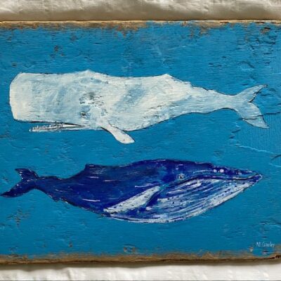 Whales - Acrylic on driftwood - 35cmx55cm - by Michael Cowley