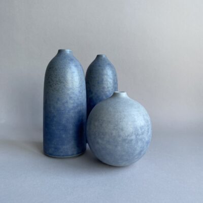 Blue stem vases and pod vessel - Porcelain - max height 150mm - by Heather Muir