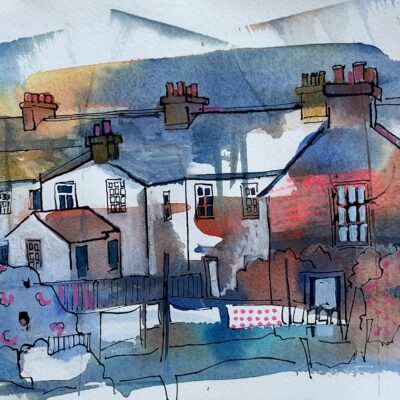 Back Gardens - Watercolour - 14 x 35 cms - by Hilary Frame