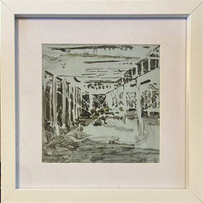 At Your Own Risk (Under the Pier) 2023 - Gouache on transparency - 25 x 25 cm (framed) - by Elsie Green