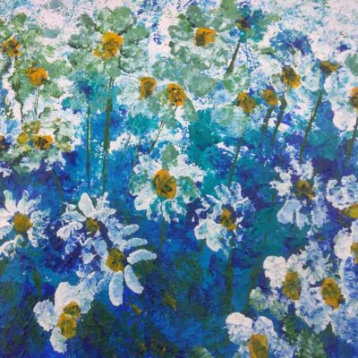 pammiskelly First Daisies - Acrylic on canvas - 60cm x 60cm - by Pam Miskelly