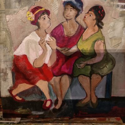 Gossips in Montreal - Oil on board - 30 X 30 cm - by Judith Martin-Gould