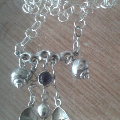 Seaside pendant necklace set with Iolite cabochon - Sterling silver - 3cmx 5cm - by Julie Lewington