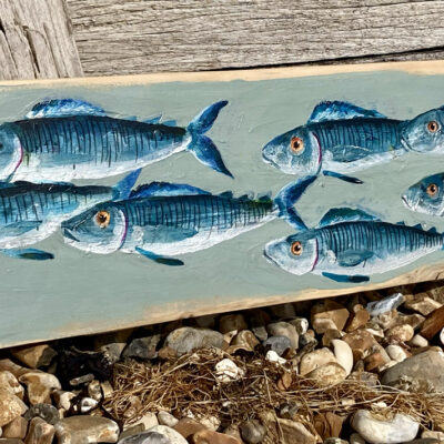 Shoal of Mackerel Study 16 on pallet wood - Acrylic paint on wooden boards - W 75 x H 22 x D 3.5 cms - by Andrew Lean