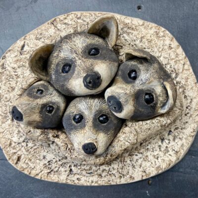 Raccoons Hiding - clay - 25cm x 25cm 10cm - by Helen Button