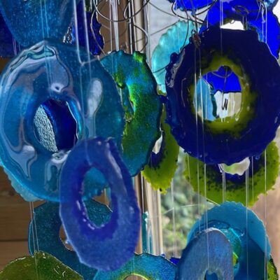 Elements of blue - Fused glass with stainless steel frame - 75 piece mobile - by Karen Ongley-Snook