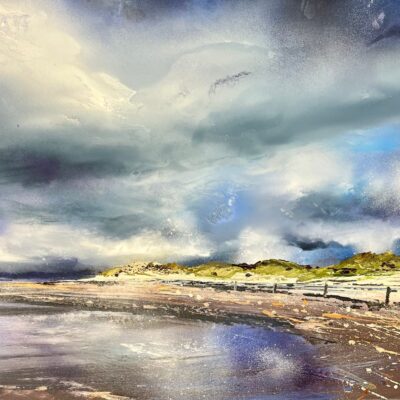 Reflections and Clouds in the Low Tide at East Head, West Wittering - Oil and mixed media on canvas - 80x105cm - by Shazia Mahmood