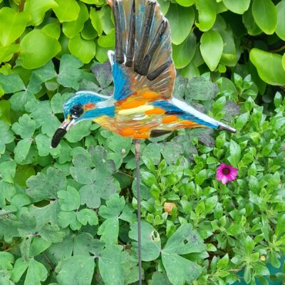 Kingfisher - Fused glass on a steel rod - 15 cms mounted on a metre rod - by Chris George