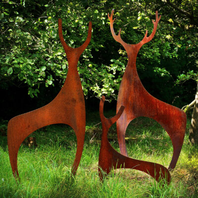 A Herd of Deer - Oxidised Steel - 5 x 105cm, 95 x 180cm, 110 x 205cm - by Simon Hempsell