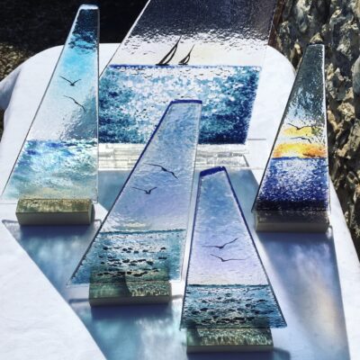 Seascape Sails - Fused glass in wood bases - various - by Nancy Goodens