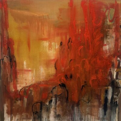 And then the fires burned - Acrylic, oil paint, oil stick, charcoal and ink on canvas - 90 x 90cm - by Deborah Rainsford