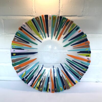 Multi colour strip bowl - Fused & slumped glass - 40cm x 40cm - by Anne Marshall