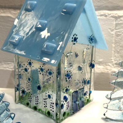 Blue house - Fused glass - 14cm x 16cm - by Anne Marshall