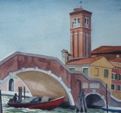 St Giobbe e Ponte dei Tre Archi, Venice - watercolour - 45 x 45 cm - by Miranda Phillimore