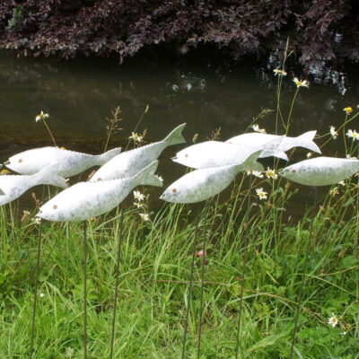 Aluminium Fish - Aluminium and a mild steel pole - 25cm x 6cm on a 1 meter pole - by Mike Savage