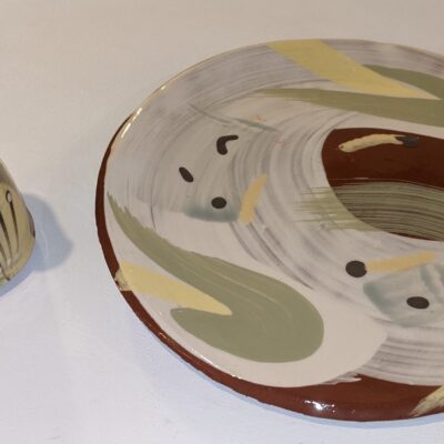 jug and plate - earthenware with slips - 4 ins high jug, 10 ins plate - by Francisca Blackburne