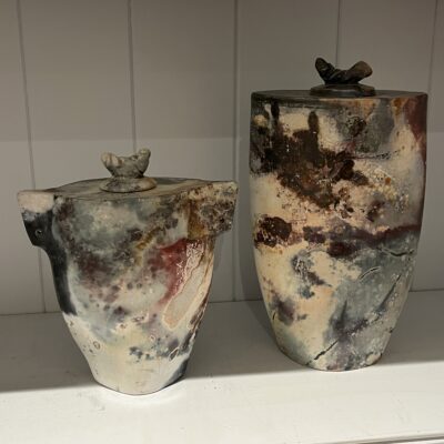 Pair of Pit fired pots - Raku Clay - 23 x 15cm & 17 x 18cm - by Mary Marmery