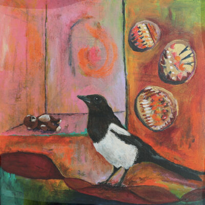 One for sorrow - Mixed media on canvas, acrylic, oil, pen and gold leaf - 30cm x 30cm x 4cmD - by Louise Duggan