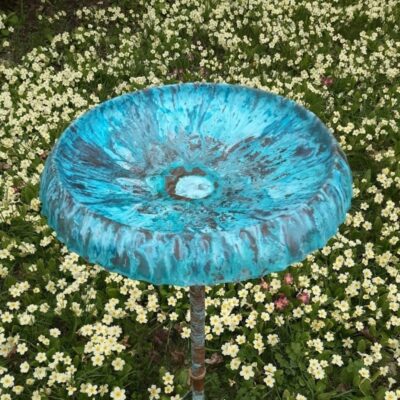 Heather Stevens 1 - Verdigris Copper Bird Bath on Copper Spike - 24inches wide 36inches tall - by Heather Stevens