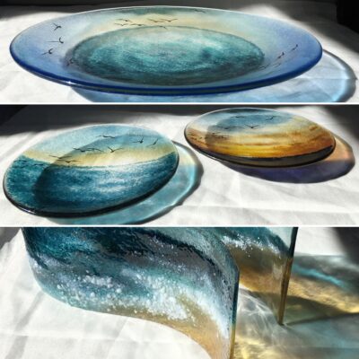 Seascape plates and waves - Fused glass - Various - by Nancy Goodens