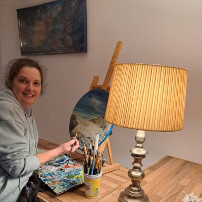 The Milky Way over a cornish bay - Acrylic/sand - 16inch round canvas - by Lorraine Westwood