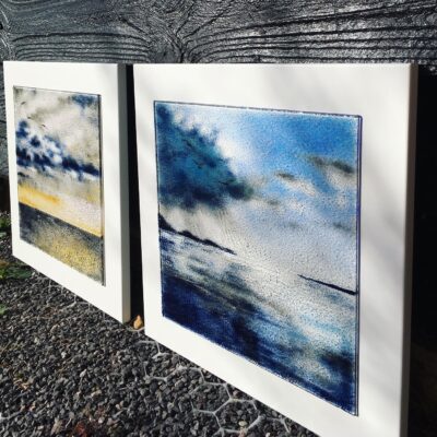 Seascapes 1 & 2 - Fused glass on panel - 40cm x 40cm - by Nancy Goodens